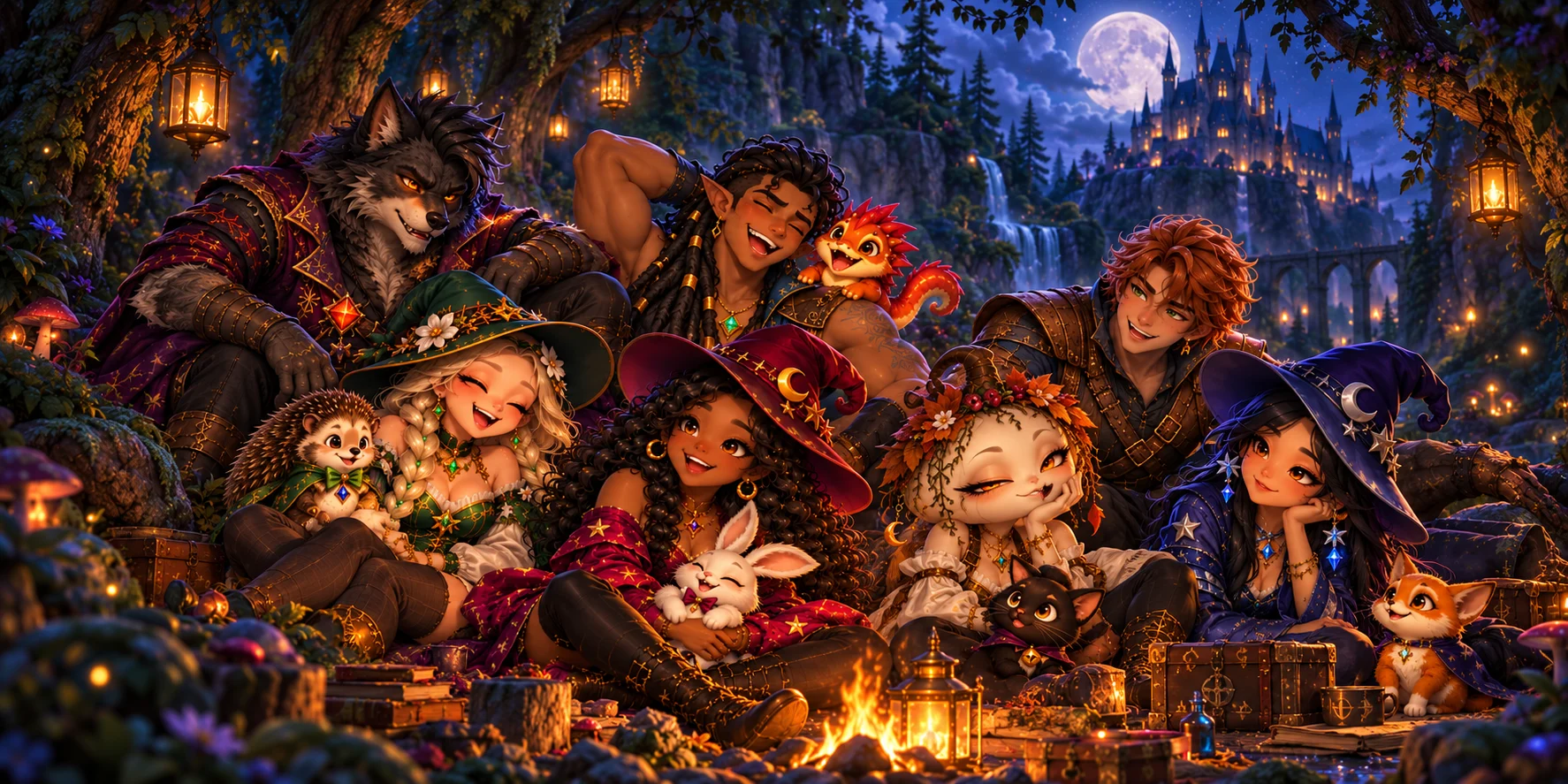 The Enchanted Blocks enchanters gathered around a campfire below the moonlit castle