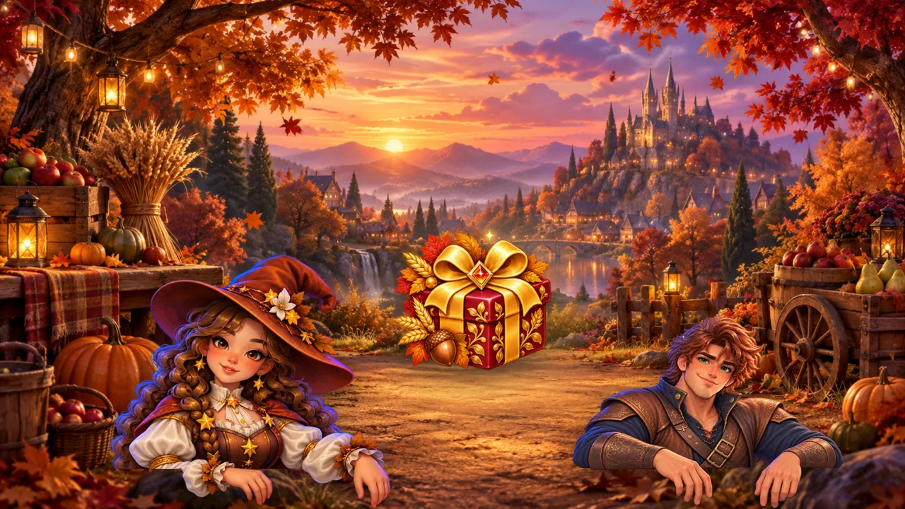 Two enchanters at an autumn harvest market with a golden gift box